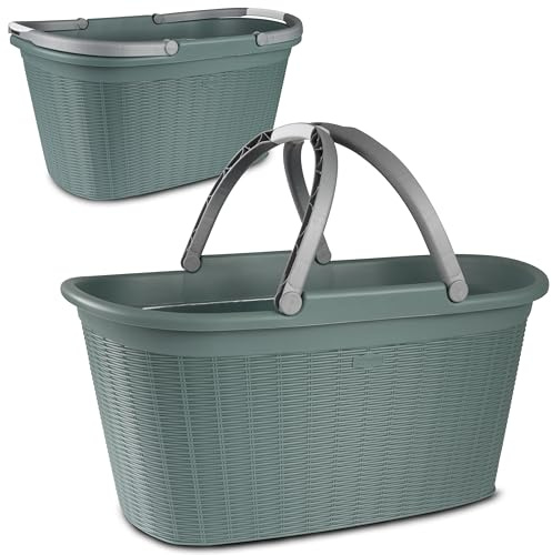2x Wäschekorb 35 Liter grün mit 2 Henkeln - 57,5x37x29 cm Rattan-Design ohne Löcher - aus recyceltem Kunststoff Haushaltskorb Wäschewanne Tragekorb Wäschesammler Wäschesortierer Wäschebox Aufbewahrung