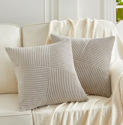 FDTERN 2er Set Taupe Boho Dekorativ Kissenbezug 45x45 mit Diagonales Gestreiftes Muster Weich Kordsamt Kissenhülle Zierkissenbezüge Sofakissen Dekokissen Deko für Sofa Schlafzimmer Wohnzimmer