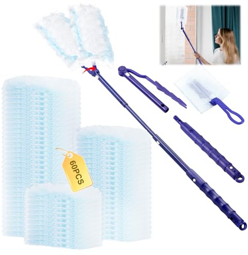 60 Stück für Swiffer Staubmagnet Nachfüllpack Set - Staubwedel, Duster Nachfüllpack für Swiffer mit 1 Handgriff, 1 Teleskopstange für Tierhaare Staub Schmutz