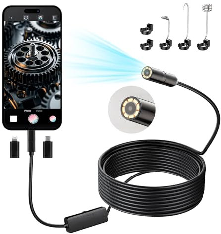 Endoscope Inspection Camera, 1920 HD Flexible Rigid Snake Camera, 8 LED Lights No WiFi Snake Camera Waterproof IP67 Tube Sink Pipe Drain Camera for Android iOS Tablet Samsung (16.4 ft/ 5m)
