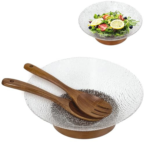 PROLEE Salad Bowl, Salad Serving Bowl Extra Large, Serving Bowls with Solid Wood Base, Hosting Essentials (Textured Glass)