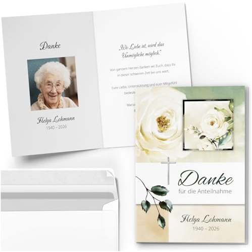 10 personalisierte Trauer Danksagungen Dankeskarten mit Text & Foto | Individuell anpassbare Trauerkarten mit Briefumschlägen | Kreuz Weisse Rose Danke für die Anteinahme