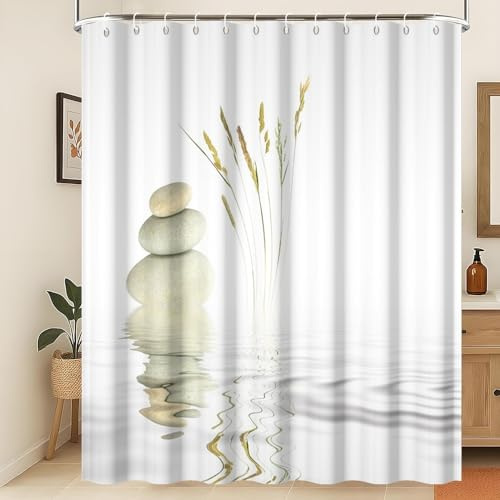 Xiaoterna Tenda da doccia per giardini termali Riflesso di erba selvatica in acqua Meditazione Tenda da doccia rustica in pietra e acqua bianca Tessuto impermeabile lavabile in lavatrice 240x180cm