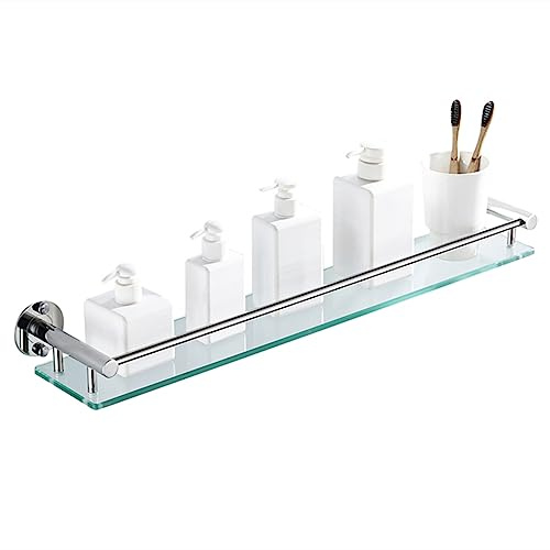 Aioneer Glasregal Fürs Badezimmer, Wandmontiertes Regalsystem Aus Edelstahl 304, 8 Mm Dicke Regale Aus Gehärtetem Glas, Rechteckiger 1-Stufiger Glashalter-Aufbewahrungsorganizer,50cm