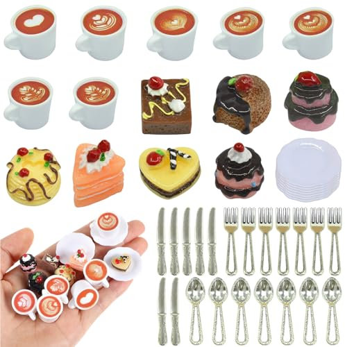 JAONLD 42 Pcs Miniatur Essen Puppengeschirr Puppenhaus Geschirr 1/12 Wichtel Essen Teiliges Puppenhaus Zubehör Küche Harz Lebensmittel Spielzeug Set für Miniküche, Mini Teeparty, DIY Mikrolandschaft