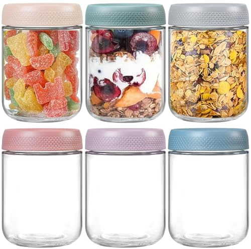 6-Pack 500ml Colorful Glass Jars with Airtight Screw Lids-Leakproof Overnight Oats Containers Wide Mouth Mason Jars spice jars for Fruit Salad Dressing Sauce Cereal Snacks Yogurt Spice Sugar(6 Colors)
