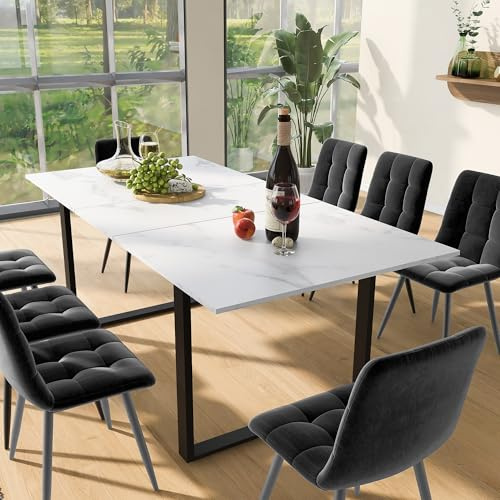 boorbin Essgruppe,(Set,140/180×80×75cm Esstisch mit 8 Stühlen), Moderner Küchentisch Set,Esszimmerstuhl aus grauem Samt,MDF Tischplatte in Weißer,Schwarze Tischbeine (9, 1 Esstisch mit 8 Stühlen)