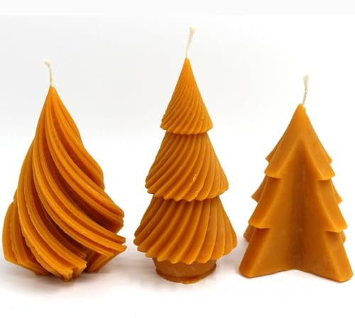 BALIVA® Bienenwachskerzen 3er Set – Tannenbaum in Gestufter, Gedrehter & Dreieckiger Form – 100% Natürlich, Handgemacht, Giftfrei – Perfekt als Deko oder Geschenk