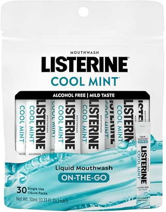 Listerine On-The-Go Cool Mint Alcohol Free Mouthwash Packets, Oral Rinse in Individual Packets Kills Bad Breath Germs, Less Intense Taste, Cool Mint Flavor, Mini Travel Size, 0.33 fl oz., 30 Pack