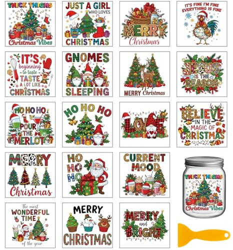 GLOBLELAND 18 Sheets Christmas Text Rub on Transfers Sticker for Vase Crafts 3.9x3.6inch Colorful Gnome UV DTF Cup Wraps Decals Merry Christmas Transfer Stickers for Furniture Cup Glass Bottle Decors