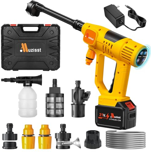 Muzisst Cordless Pressure Washer, 1100 PSI 2.4GPM Battery Powered Portable Power Washer with 6-in-1 Nozzle, 10 Pressure Settings, Battery Level Display, Draw Water from Anywhere, for Car, Garden, Yard