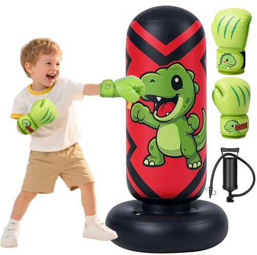 Qoosea Saco de Boxeo Niños, 130cm Bolsa de Boxeo Inflable de Pie con Guantes, Punching Ball Estable para Karate Kickboxing MMA Taekwondo, Regalo Ideal para Niños y Niñas de 3-8 años