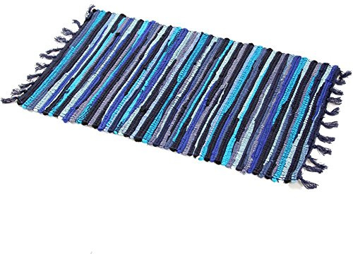 SUXUMHAO Tappeto di straccio, lavabile in lavatrice, reversibile, in cotone, tessuto a mano, multicolore, a righe, per camera da letto, soggiorno, cucina e lavanderia (71 x 119 cm, blu)