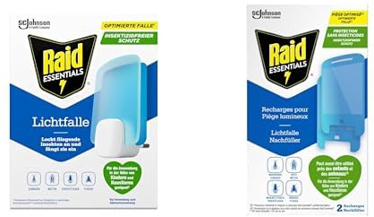 Raid Essentials LED Lichtfalle + Nachfüllpackung für Fliegen, Fruchtfliegen & Motten – Insektizidfrei, geruchlos, rückstandsfrei, 24/7 Schutz, für Innenbereich + 2er Nachfüller