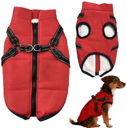 Wasserdichter Hundemantel mit Geschirr, Winterwarme Fleecejacke für mittelgroße und große Hunde, reflektierender winddichter Hundeschneeanzug (Rot-L)