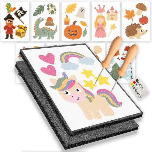 Children's pricking needle set with 10 templates - pricking set for children - 2 x pricking needles with wooden handle and 2 x tingling felt (20 cm x 15 cm x 1 cm) - ergonomic and safe - ideal for