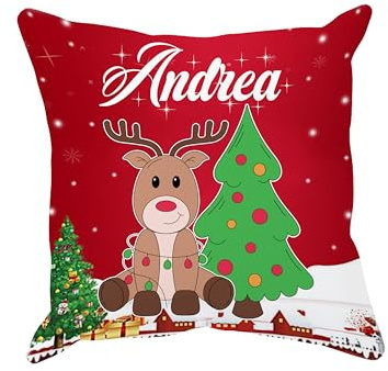 Puzzletee Cuscino Natalizio Personalizzabile con Nome e Renna – Grafica con Luci di Natale, Idea Regalo Originale per le Feste