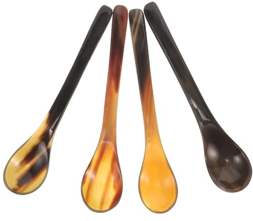 LOORGVEL 4 StüCk Oxhorn LöFfel Mit Langem Griff 18cm NatüRliche Wiederverwendbare KaffeelöFfel Stilvolle DessertlöFfel Polierte OberfläChe SpüLmaschinenfest Eiscreme LöFfel FüR Kaffee Honig