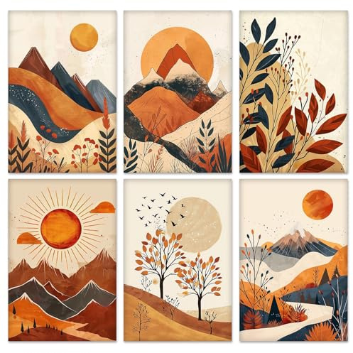 QENSPE 6er-Pack Malen nach Zahlen Set, Gespannte Leinwandtafeln zum Malen für Erwachsene, Acryl-Ölgemälde für Schüler und Anfänger, ideal für Sip & Paint-Partys, Berg Landschaft 20x30 cm