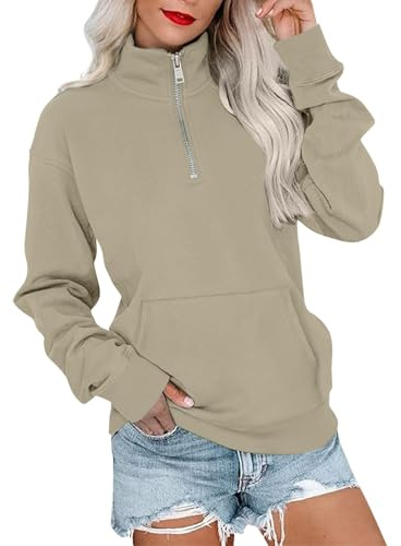 Générique Damtröja utan huva - chic och elegant topp för dam långärmad tröja toppar vår höst casual tröja enfärgade toppar lös tröja elegant tröja, kaki, XL