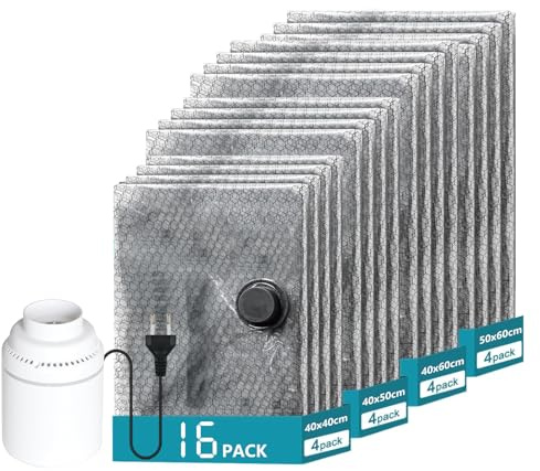 16 Stück Vakuumbeutel für Kleidung mit Kabelpumpe – 4 Größen Vakuumierbeutel Kleidung (40x40, 40x50, 40x60, 50x60 cm) – Platzsparende Vacuum Bags for Clothing für Reise & Kofferorganisation