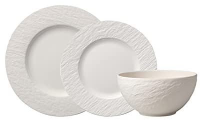 Villeroy & Boch Manufacture Rock Blanc Lot de 6 assiettes blanches pour 2 personnes, assiettes plates Ø 27 cm/assiette à petit-déjeuner Ø 22 cm/bol Ø 14 cm, porcelaine de qualité supérieure, aspect