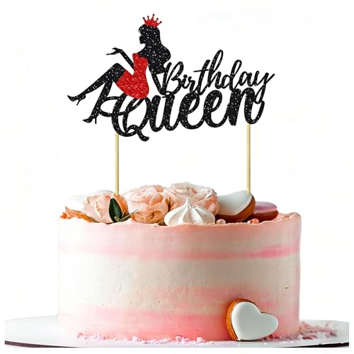 Birthday Queen Cake Topper for Women - Red & Black Elegant Cake Decorations, Easy Install Party Cake Decor for Women's Birthday Celebration