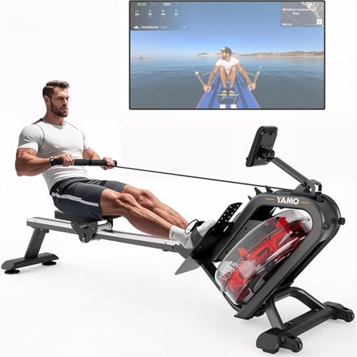 YAMO Rudergerät für Zuhause, 16L Wassertank Rudergerät mit 6-Fach Verstellbarer Widerstand, extra breiter Sitz bis 158 kg belastbar, Bluetooth Wird unterstützt, mit Tablet-Halter, Schwarz