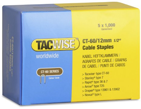 TACWISE 0355 Grapas para cables galvanizadas y de puntas divergentes CT-60/12 mm (5 x 1000 unidades) 12 mm, Set de 5000 Piezas