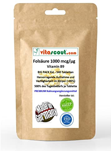 **Folsäure 1000 mcg, 540 Vegane Tabletten, Folic Acid (Vitamin B9), 500% des Tagesbedarfs, Ohne Magnesiumstearat**