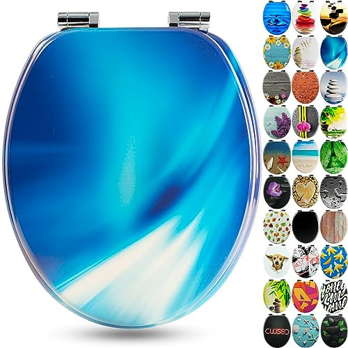 SANFINO® Premium WC Sitz mit Absenkautomatik – hochwertige Toilettendeckel aus Holz, viele bunte Motive, hoher Sitzkomfort, einfache Montage inklusive Montageanleitung – Wave