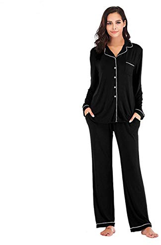 OCCIENTEC Pyjama für Damen Langarm Damen Schlafanzug mit Knopfleiste Nachtwäsche PJ Set Langarm Zweiteiliger Freizeitanzug Nachtwäsche Hausanzug Pyjama-Set für alle Jahreszeiten(Schwarz, L)