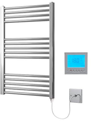 Greened House Chrome Electric Heated Towel Rail 500mm W x 800mm H + Timer | Includes 7 Day Timer/Thermostat, Flat, Bathroom, Straight, Towel Warmer