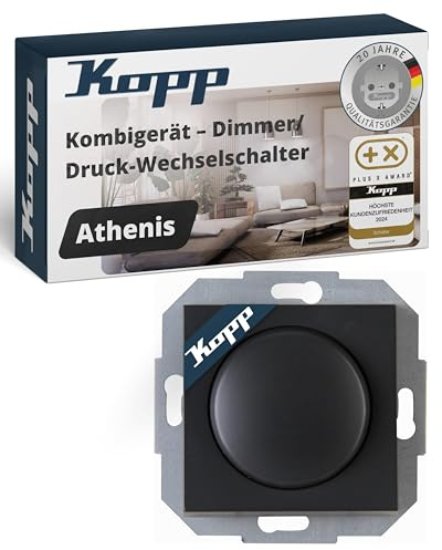 Kopp ATHENIS Druck-Wechselschalter-Dimmer mit Drehknopf - Anthrazit - Dimmbarer Lichtschalter für Lampen, LED & Trafos - 20-25W RL & 3-35W LED - Phasenanschnittsdimmer mit Softrastung