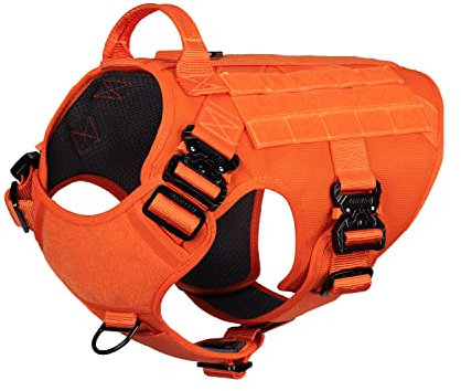 ICEFANG Tactical Dog Harness with 4X Metal Buckle,Dog MOLLE Vest with Handle,No Pulling Front Clip,Hook and Loop Panel for Dog Custom Patch (L (Neck:18-24 ; Chest:28-35), Safety Orange)