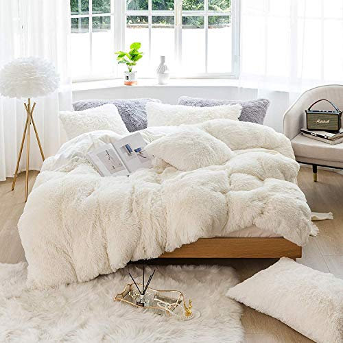 Sacebeleu Plüsch Bettwäsche Set 135x200cm 4 Teilig Weiß Creme Warme Winter Flauschig Flanell Biber Mädchen 2 Bettbezug mit Reißverschluss und 2 Kissenbezug 80x80cm
