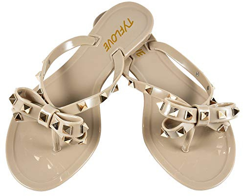 TYFLOVE Flip-Flops für Damen, Nieten, Jelly Thong, Sandalen mit Schleife, Sommer, Fliege, flache Strand-Regenschuhe