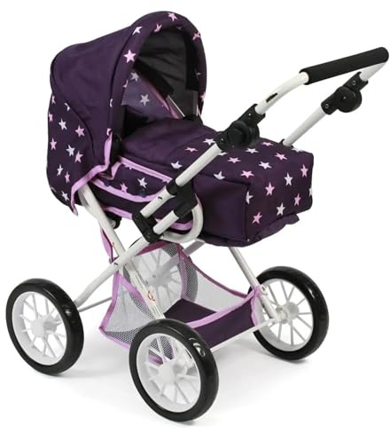 Bayer Chic 2000 Passeggino per bambole Leni, passeggino combinato 2 in 1 con borsa per il trasporto rimovibile, Stars, viola