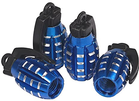 KINBOM 4 Pezzi Tappi Pneumatici Auto in Alluminio, Stile Granata a Mano Resistente Tappi Valvole Pneumatici Guarnizione a Prova d'Aria per Auto SUV Camion Motocicli (Blu)