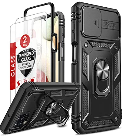 LeYi Cover per Samsung Galaxy A12/M12/A12 Nacho con Vetro Temperato [2 Pack], Protezione Fotocamera [Slidable] Custodia Antiurto Grado Militare 360° Magnetica Anello Supporto Custodie Nero