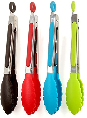 ZHIYE Kitchen Tongs, Set of 4, 7” Non-Slip Stainless Steel Tongs with Locking Clip for Cooking, BBQ, Serving, Heat Resistant, Food Grade