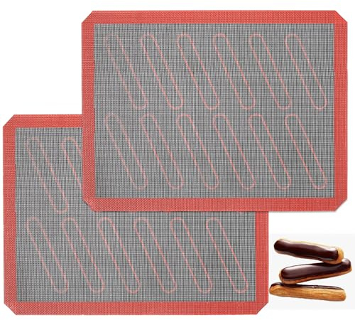 Perforated Silicone Baking Mats, 2 PCS Eclair Silicone Mat for Half Sheet with 12 Printed Oblong Eclair Guides, Non-Stick Reusable Oven Liners for Making Bread/Pizza/Pastry/Cookie 11-4/5 x 15-3/4