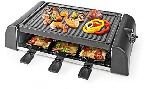 Ex-Pro Electric Raclette Gourmet Grill, 6 Person Indoor Non-Stick Tabletop Cooker, Removable Hot Plate, Adjustable Thermostat, with 6 x Mini Cheese Pans & Spatulas, 1000W