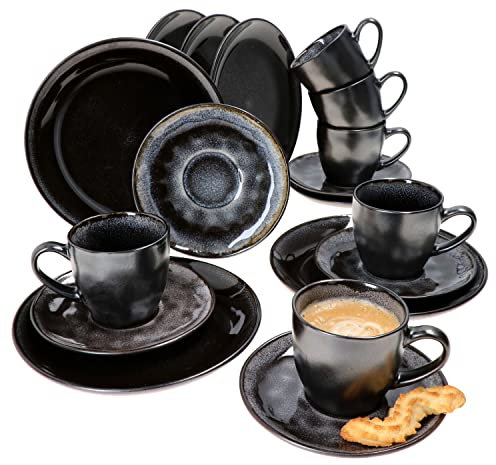 MamboCat Reactive Glaze Grey Black 18 teiliges Kaffeeservice I schwarzes handgefertigtes Steingut Geschirr-Set mit Kupferoptik I Gastro Kaffeegeschirr I Cafe Ausstattung Kaffeegedeck 6 Personen modern