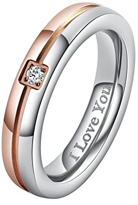 AMDXD Schmuck Paar Ringe aus Edelstahl, Elegant Damen Ringe & Herren Ringe mit Gravur I Love You, Verlobungsringe Edelstahl Ringe Hochzeit Trauringe Bandringe 4MM (Preis für 1), Rose Gold Schwarz