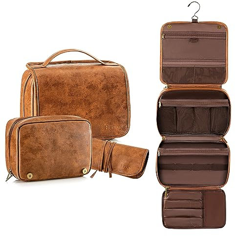 Elviros Kulturbeutel für Damen und Herren aus PU-Leder, kulturtasche zum aufhängen, 3 in 1 multifunktional abtrennbare kulturtasche, Waschtasche große wasserdichte Reise-Kosmetiktasche, 29.5x22x10 cm