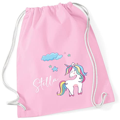 Turnbeutel Mädchen mit Namen Einhorn | Motiv Unicorn Wolke Sterne | Personalisierter Stoffbeutel mit Kordel (rosa)