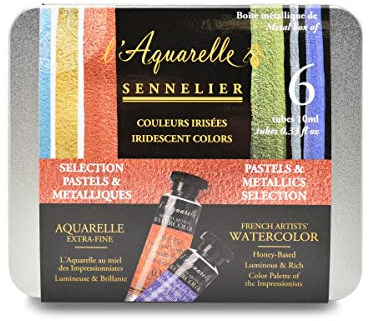 Sennelier French Artists' Watercolor Set, 10ml Tubes, 6-Color Iridescent & Metallic Tin Set