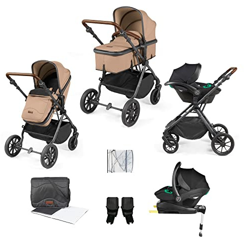 Ickle Bubba Cosmo Travel System with Stratus i-Size Car Seat & ISOFIX Base (Desert/Gunmetal) – Birth to 22kg, Convertible Pram Seat, UPF Hood, Footmuff, Raincover & Changing Bag
