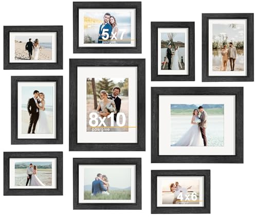 Povrgive Bilderrahmen 10er Set in verschiedenen Größen – Holz Fotorahmen für Collage Wanddeko mit Echtglas (20x25, 13x18, 10x15 cm)（Schwarz）